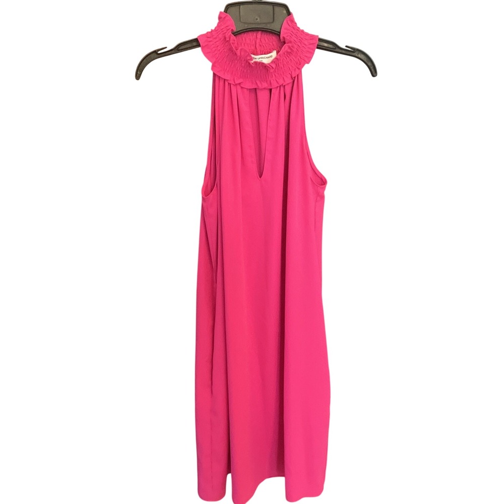 Amanda Uprichard Hot Pink Smocked High‎ Neck V-Cutout Mini Dress Small Fuchsia